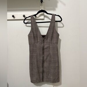 SHEIN Brown Plaid Zip-Front Mini Dress